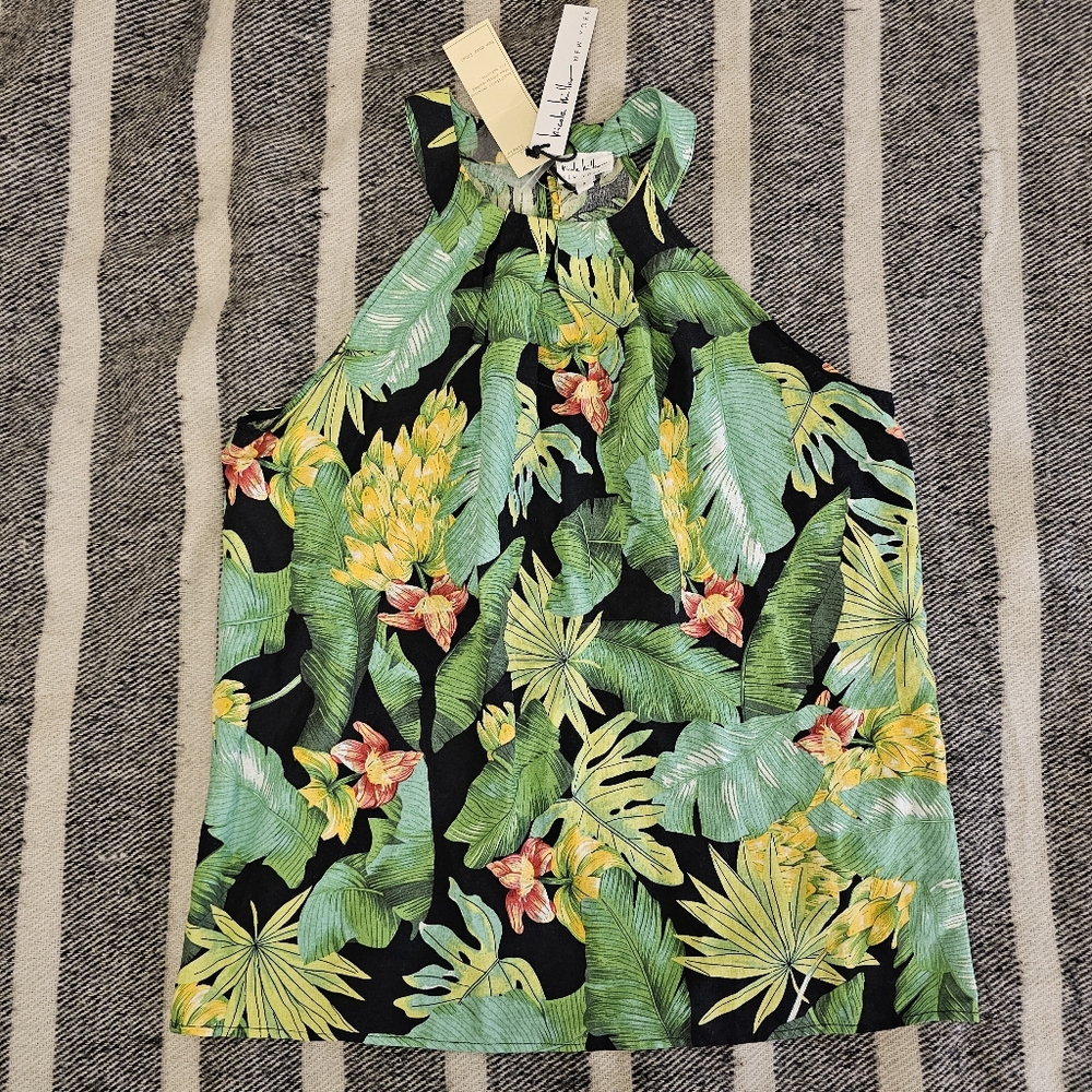 Nicole Miller Tropical Leaf Print‎ Linen Halter Tank Top Resort Wear NWT